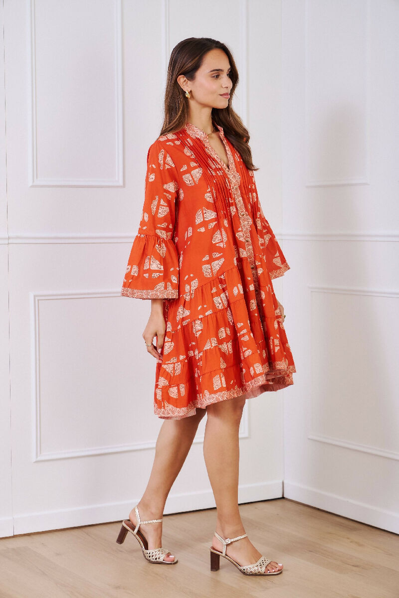Short A-line dress in printed cotton- Orange