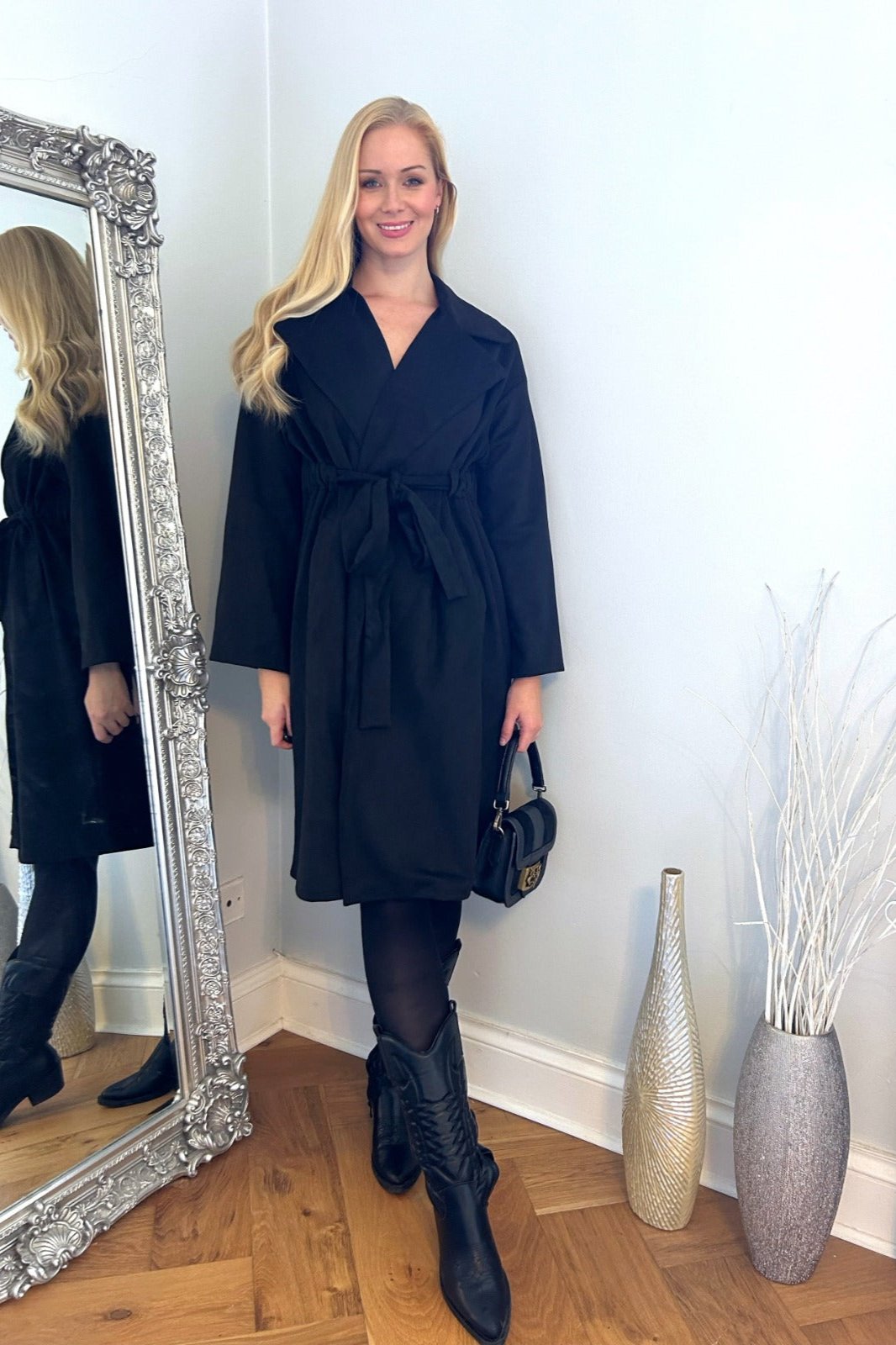 Suede Wrap Trench Coat in Black - jqwholesale.com