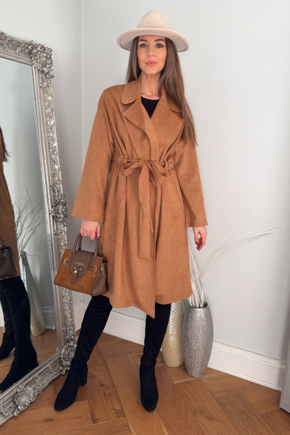 Suede Wrap Trench Coat in Camel - jqwholesale.com