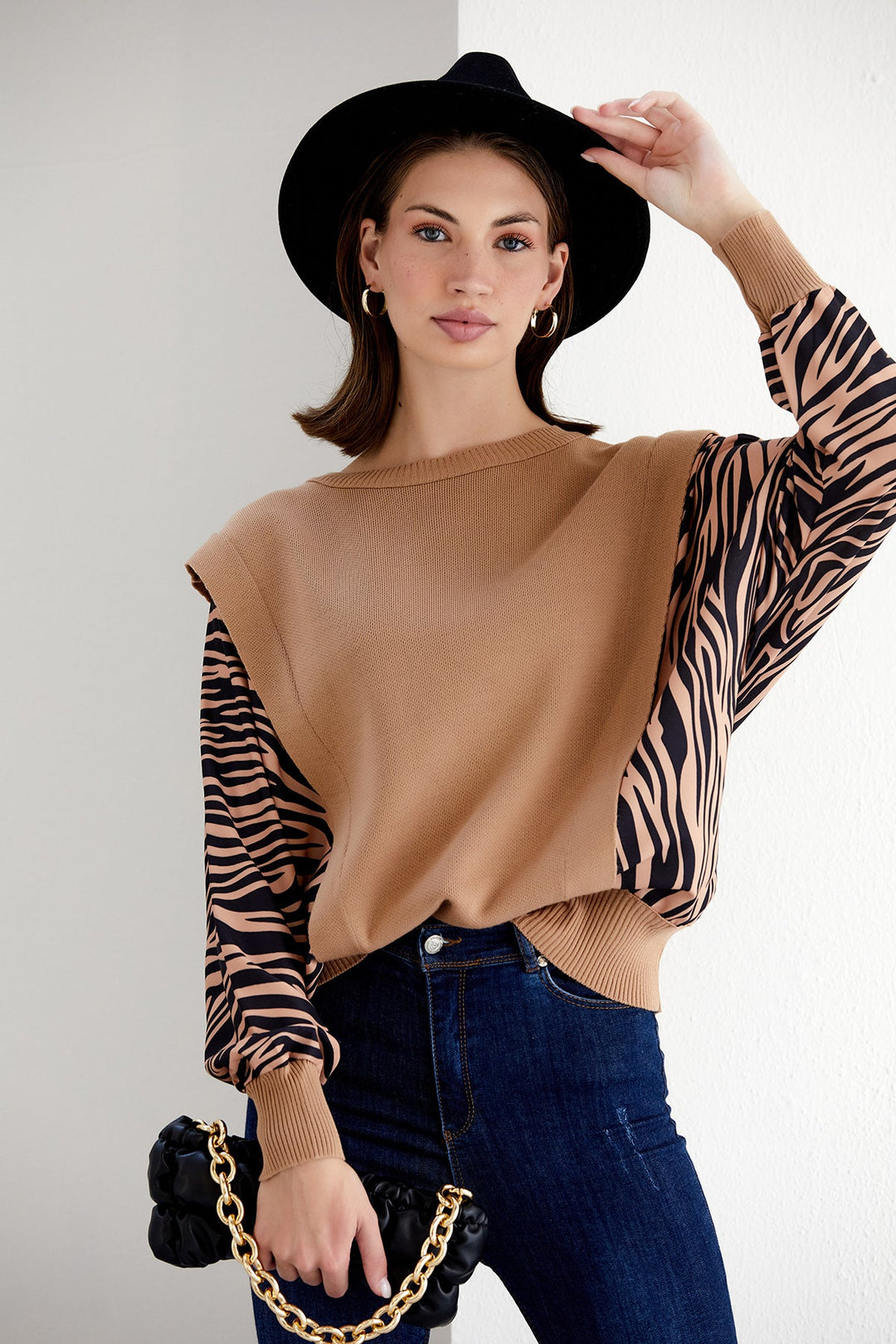 Bat Sleeve Oversize Knitted Jumper in Camel/Black Animal print - jqwholesale.com