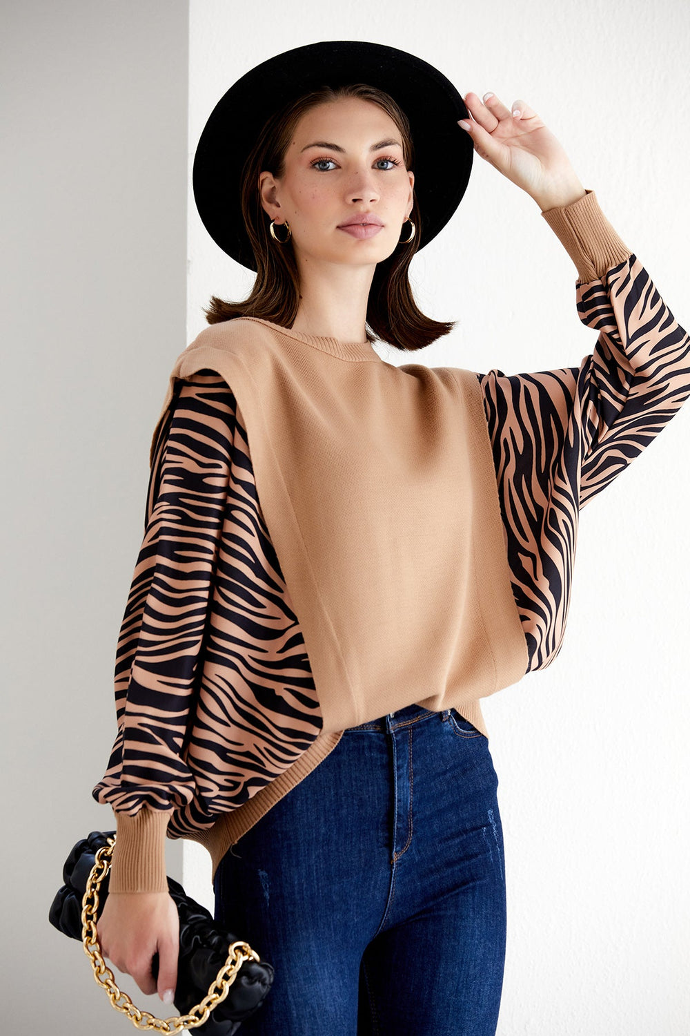 Bat Sleeve Oversize Knitted Jumper in Camel/Black Animal print - jqwholesale.com