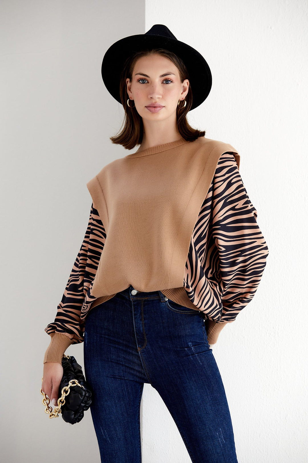 Bat Sleeve Oversize Knitted Jumper in Camel/Black Animal print - jqwholesale.com