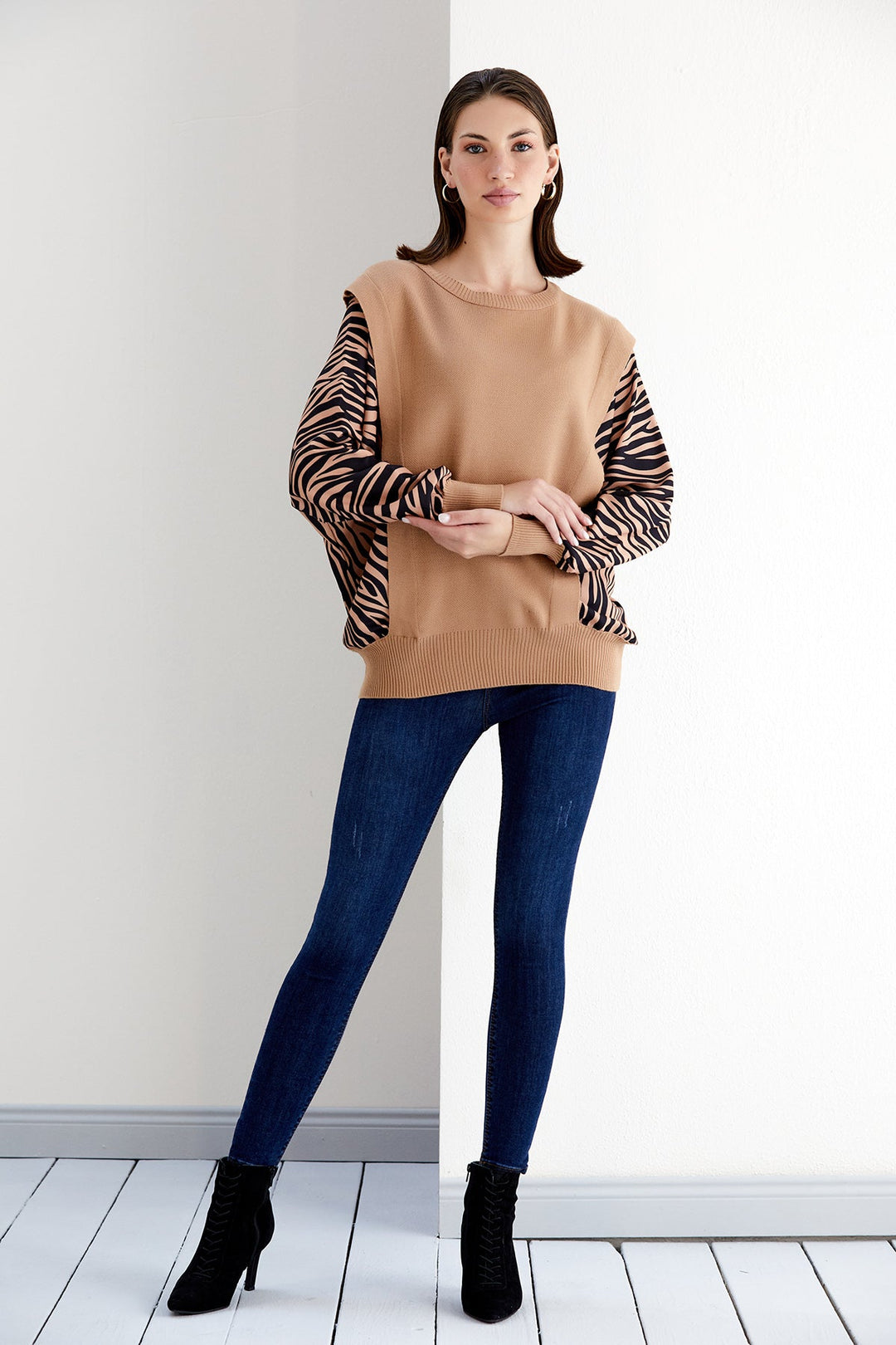 Bat Sleeve Oversize Knitted Jumper in Camel/Black Animal print - jqwholesale.com