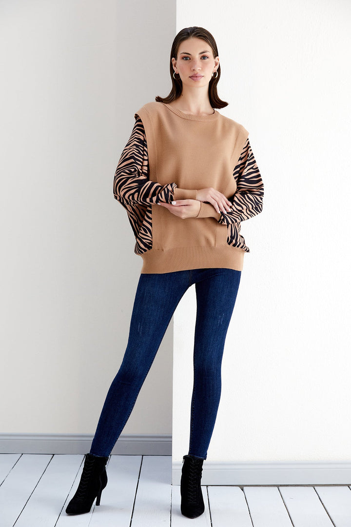 Bat Sleeve Oversize Knitted Jumper in Camel/Black Animal print - jqwholesale.com