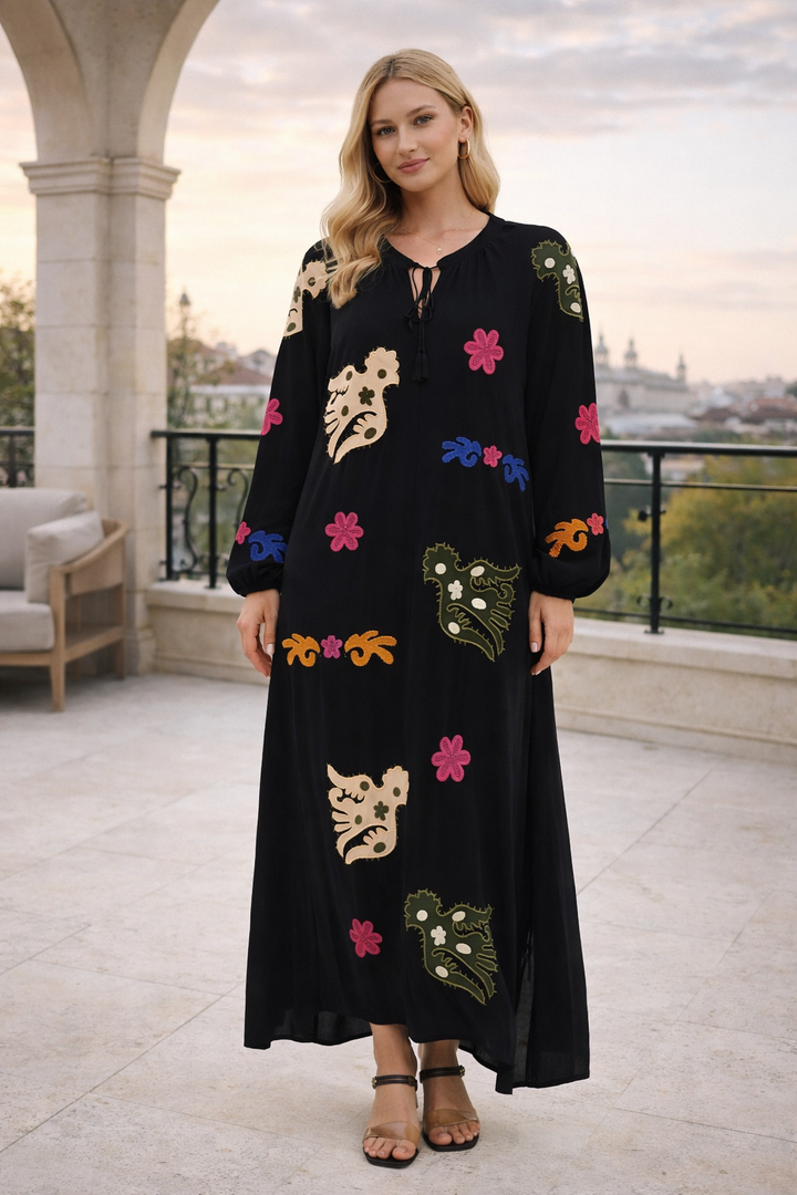 Embroidered Maxi Dress with Statement Motifs in Black