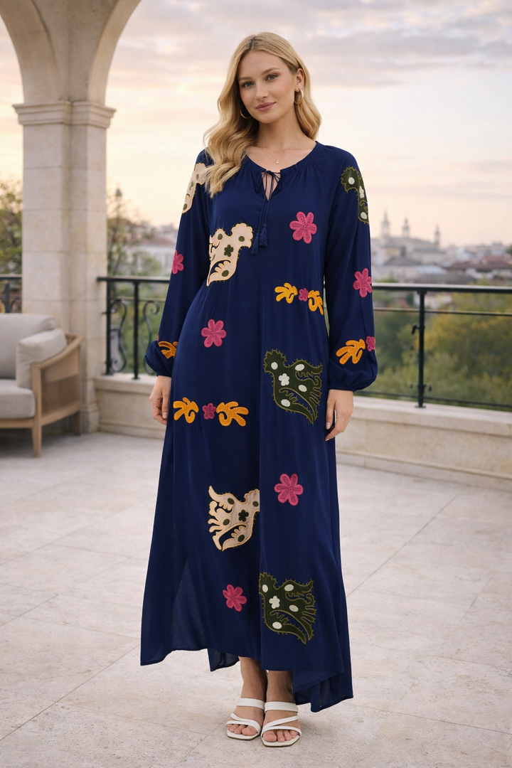 Embroidered Maxi Dress with Statement Motifs in Navy Blue