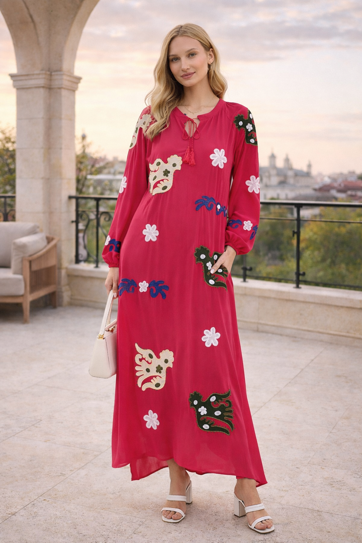 Embroidered Maxi Dress with Statement Motifs in Pink