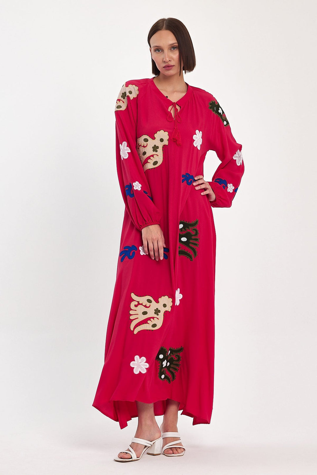 Embroidered Maxi Dress with Statement Motifs in Pink