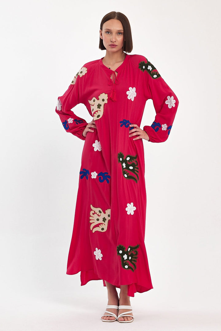 Embroidered Maxi Dress with Statement Motifs in Pink
