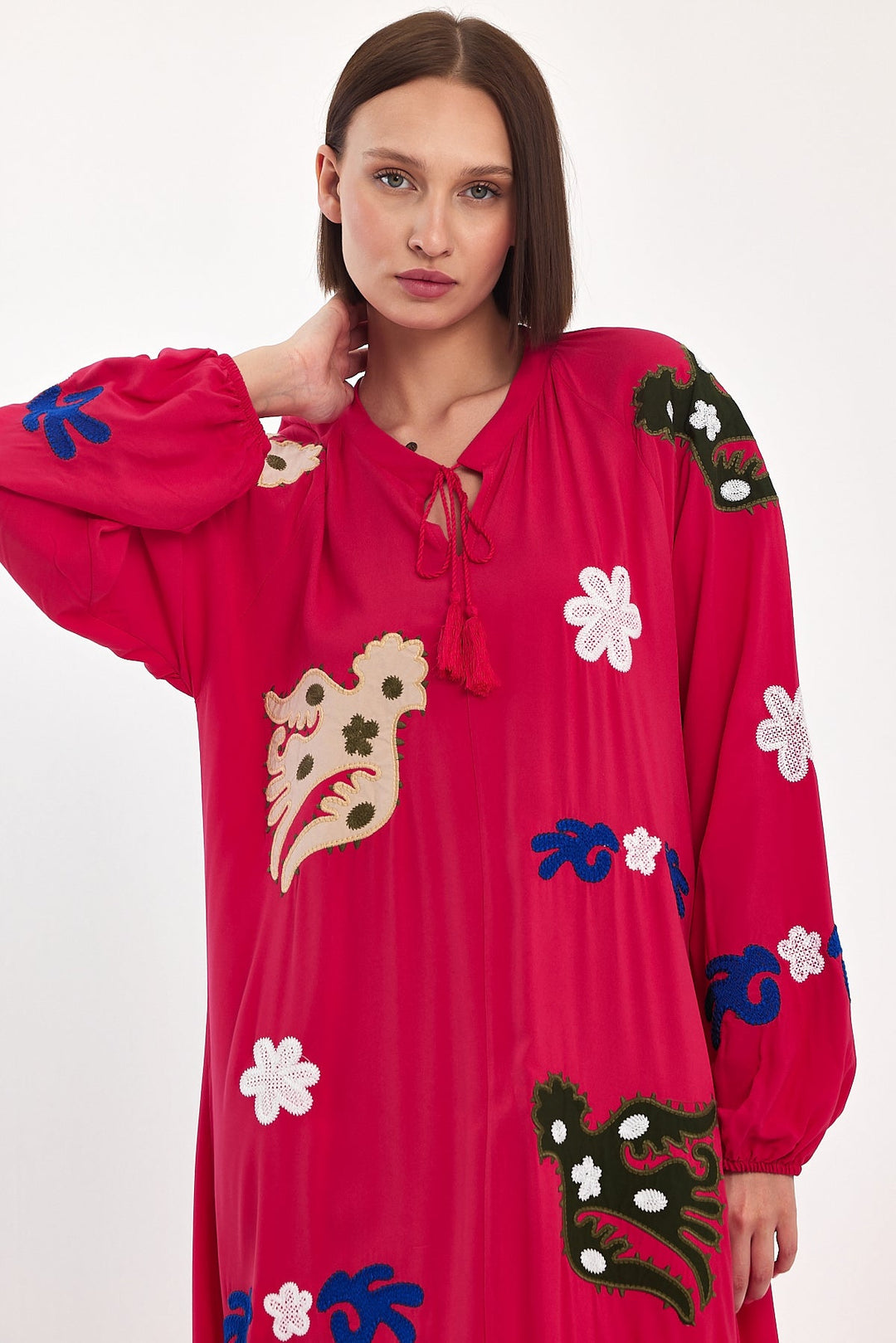 Embroidered Maxi Dress with Statement Motifs in Pink