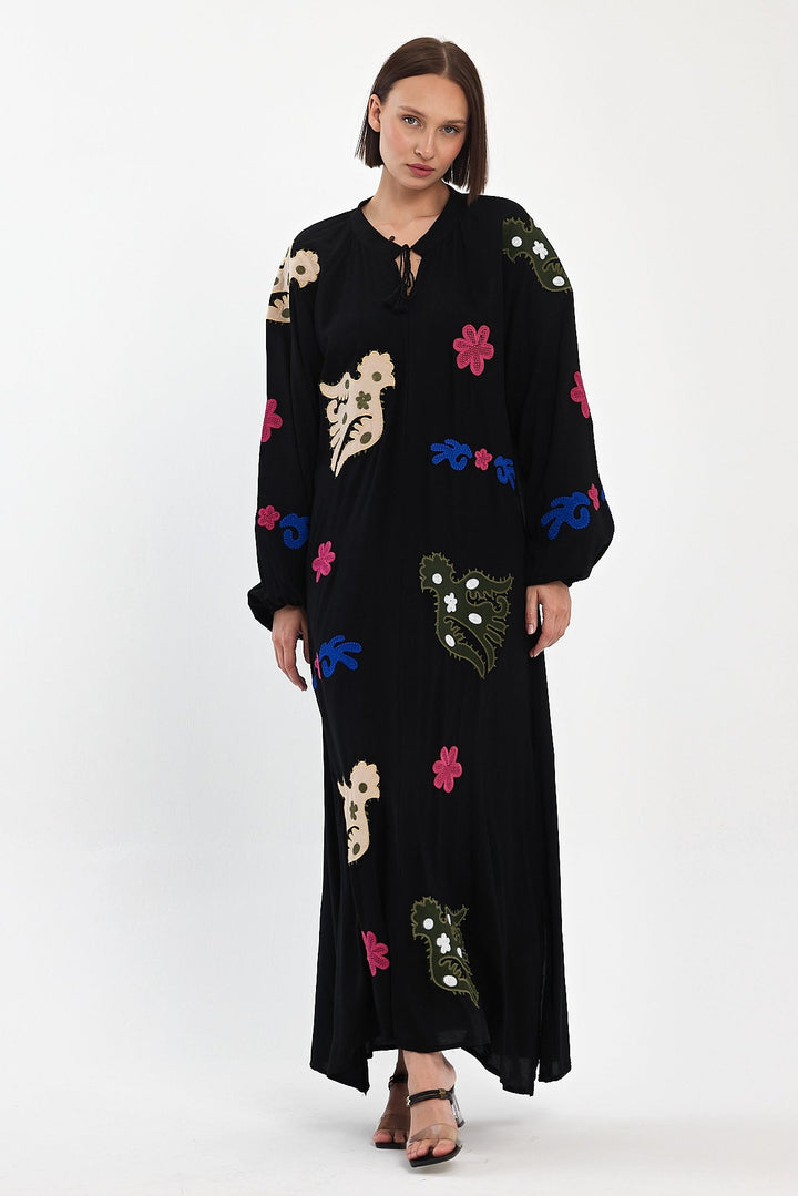 Embroidered Maxi Dress with Statement Motifs in Black