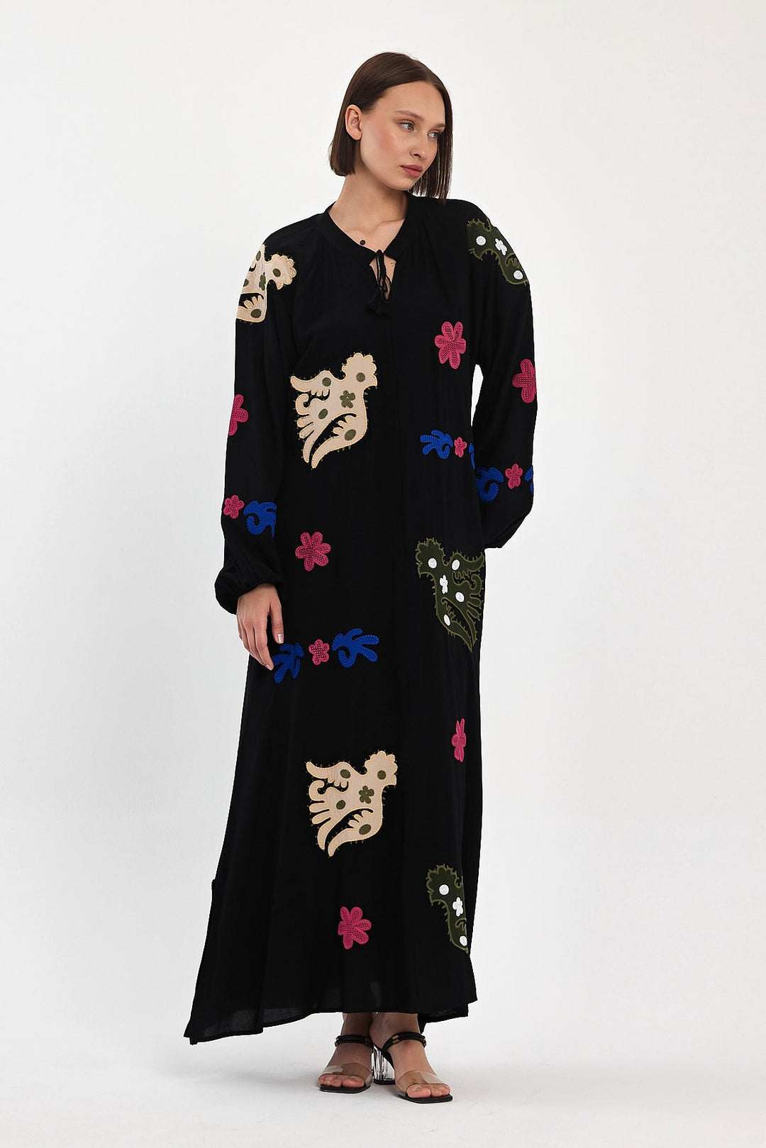 Embroidered Maxi Dress with Statement Motifs in Black