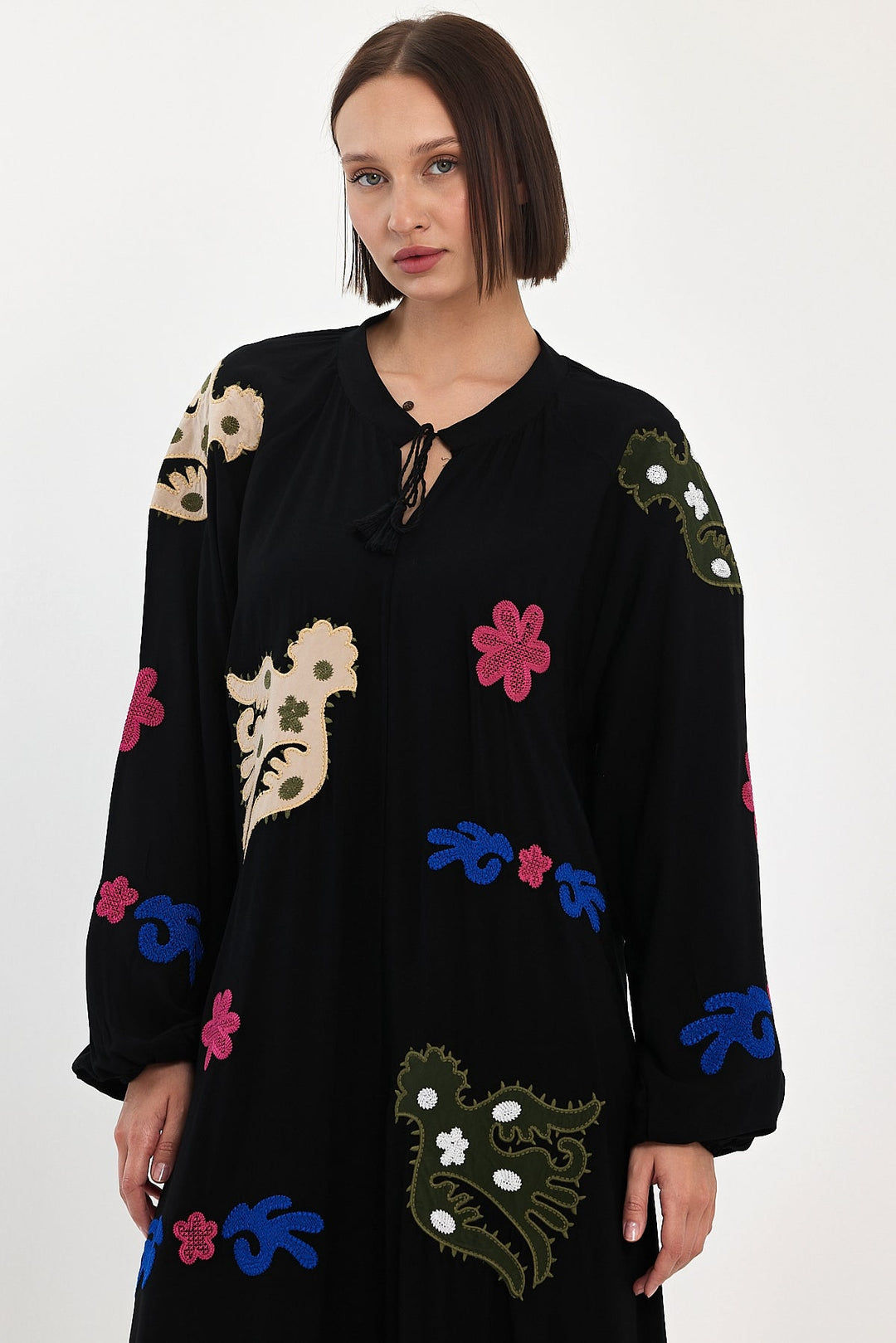 Embroidered Maxi Dress with Statement Motifs in Black