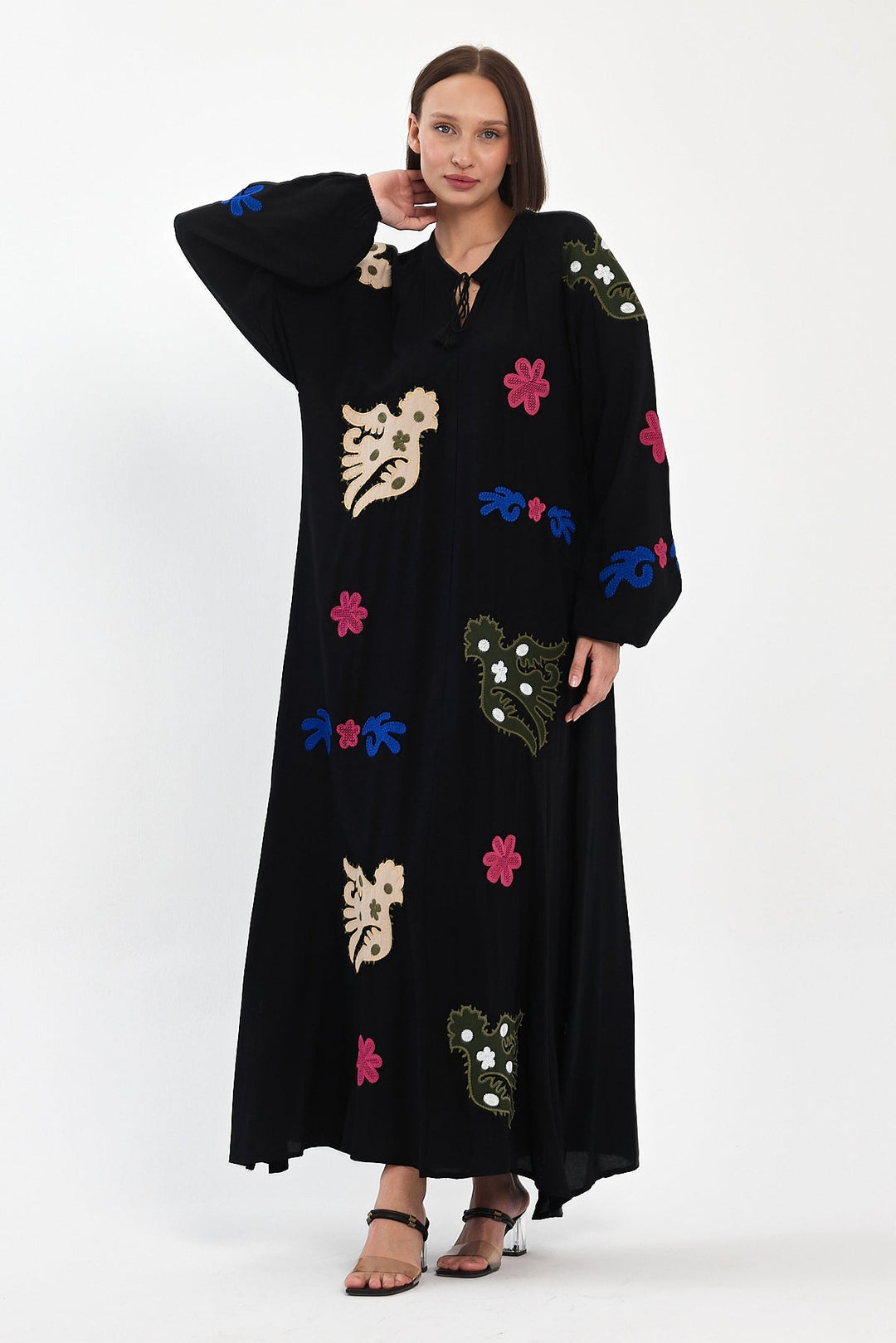 Embroidered Maxi Dress with Statement Motifs in Black