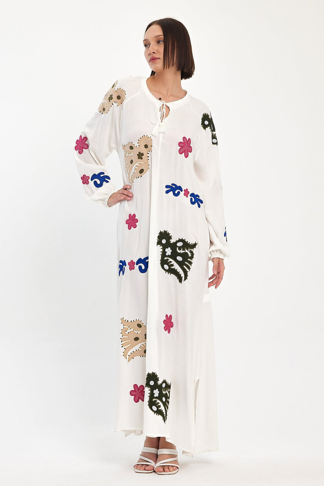 Embroidered Maxi Dress with Statement Motifs in White