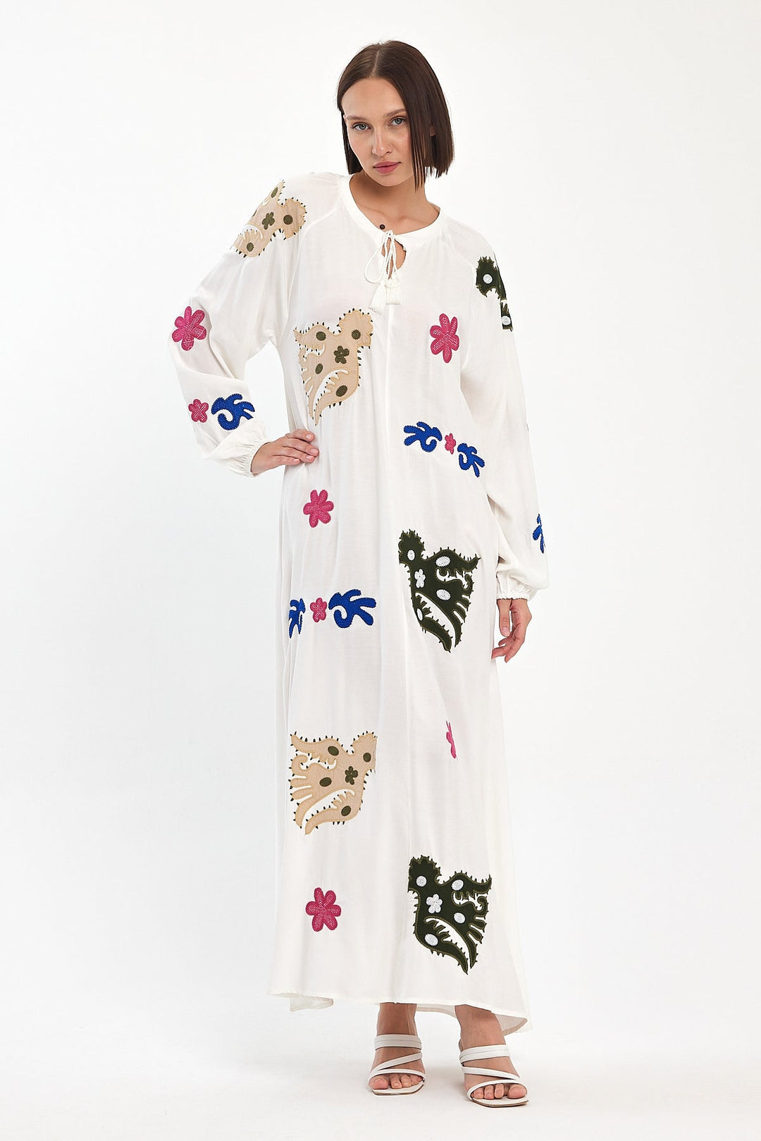 Embroidered Maxi Dress with Statement Motifs in White