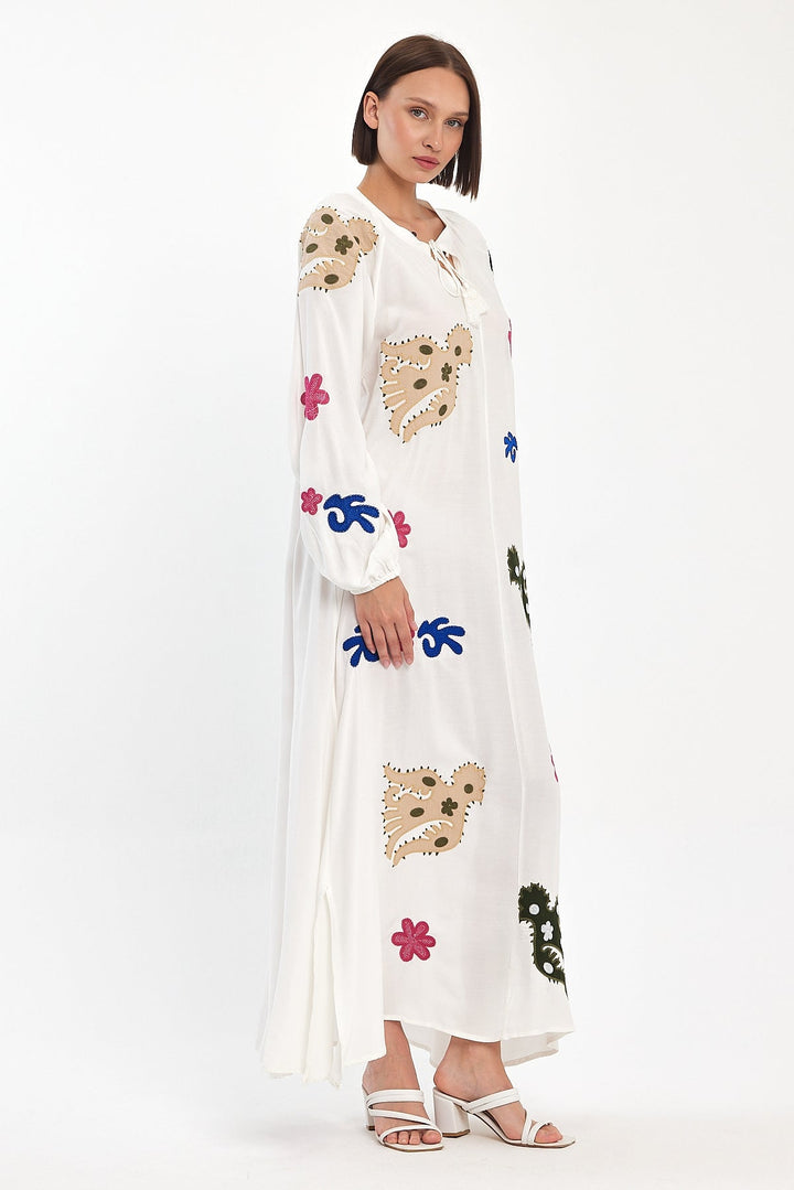 Embroidered Maxi Dress with Statement Motifs in White