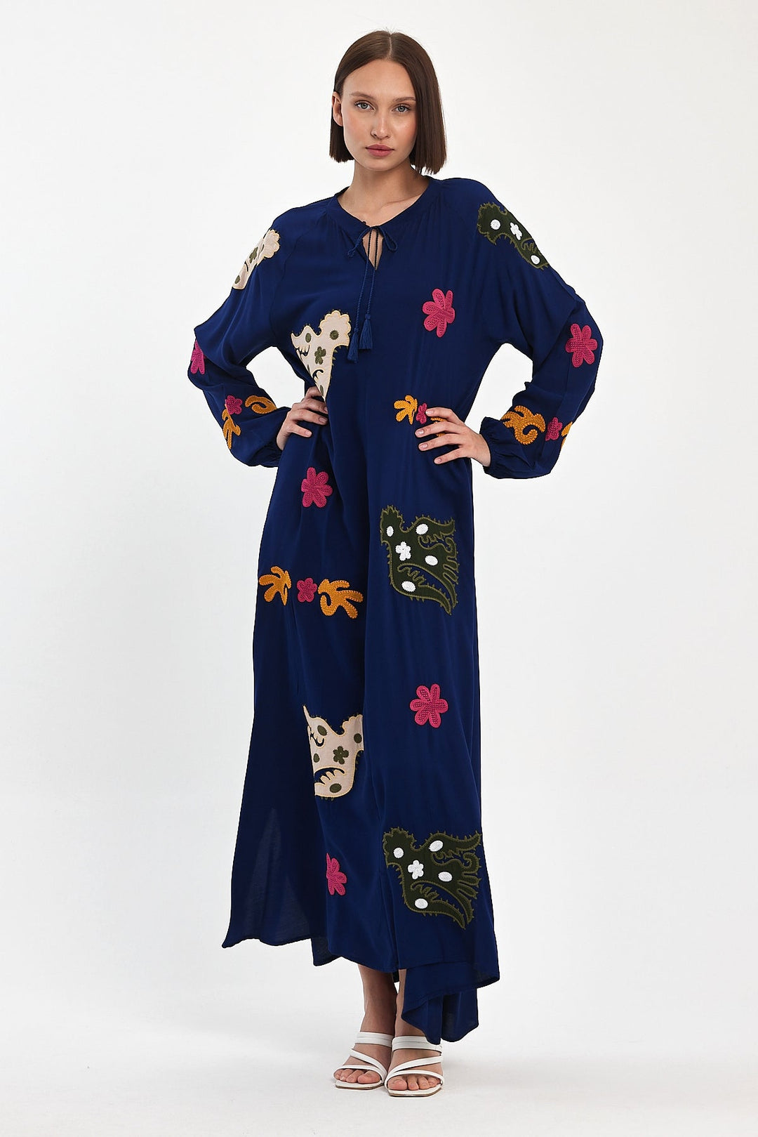 Embroidered Maxi Dress with Statement Motifs in Navy Blue