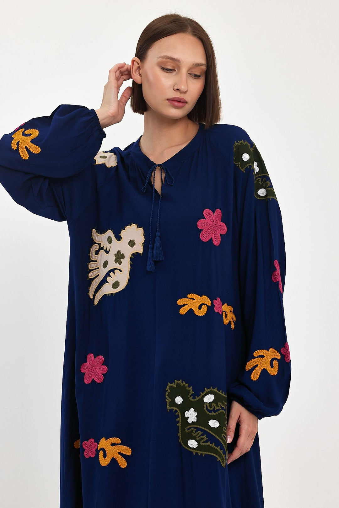 Embroidered Maxi Dress with Statement Motifs in Navy Blue