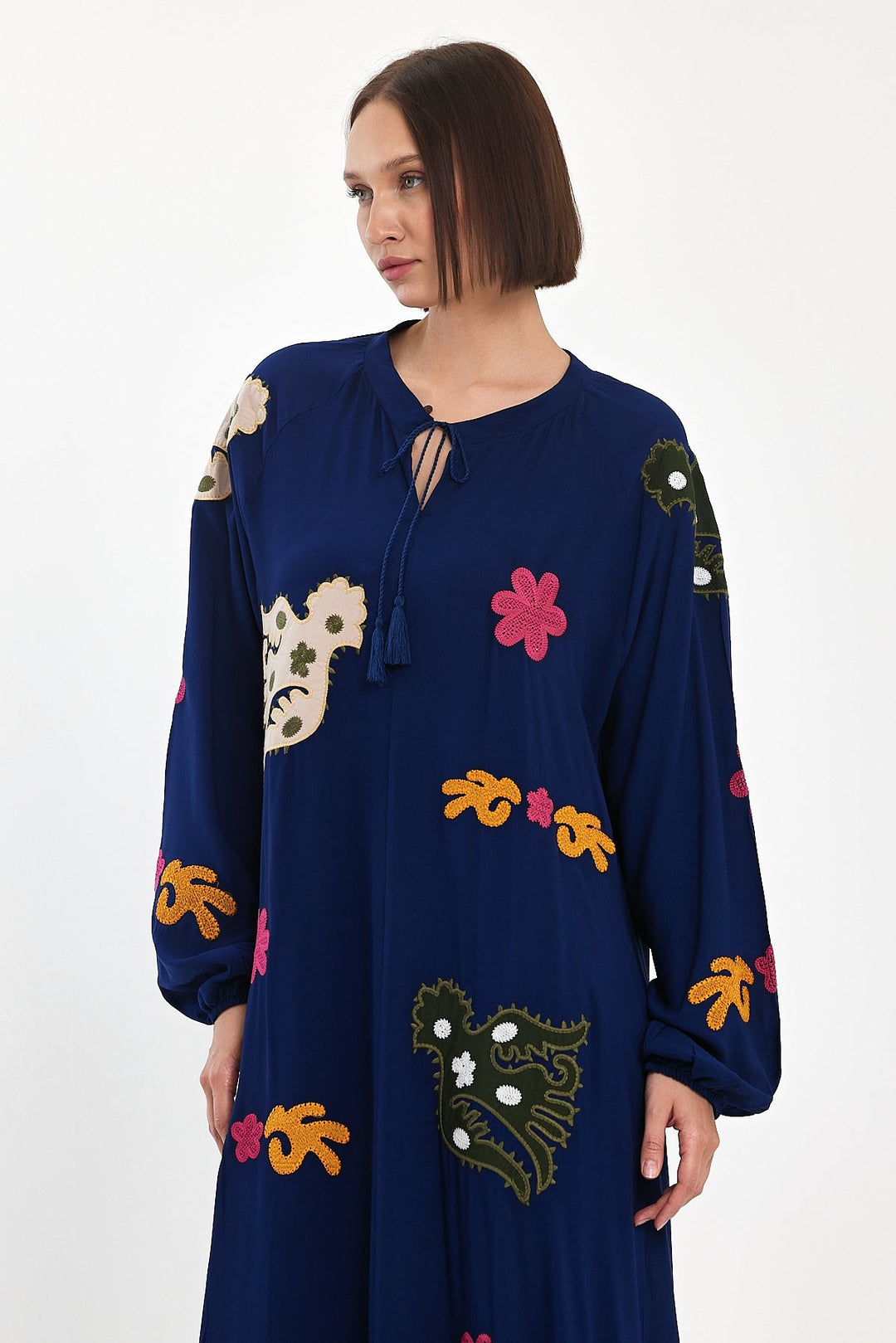 Embroidered Maxi Dress with Statement Motifs in Navy Blue