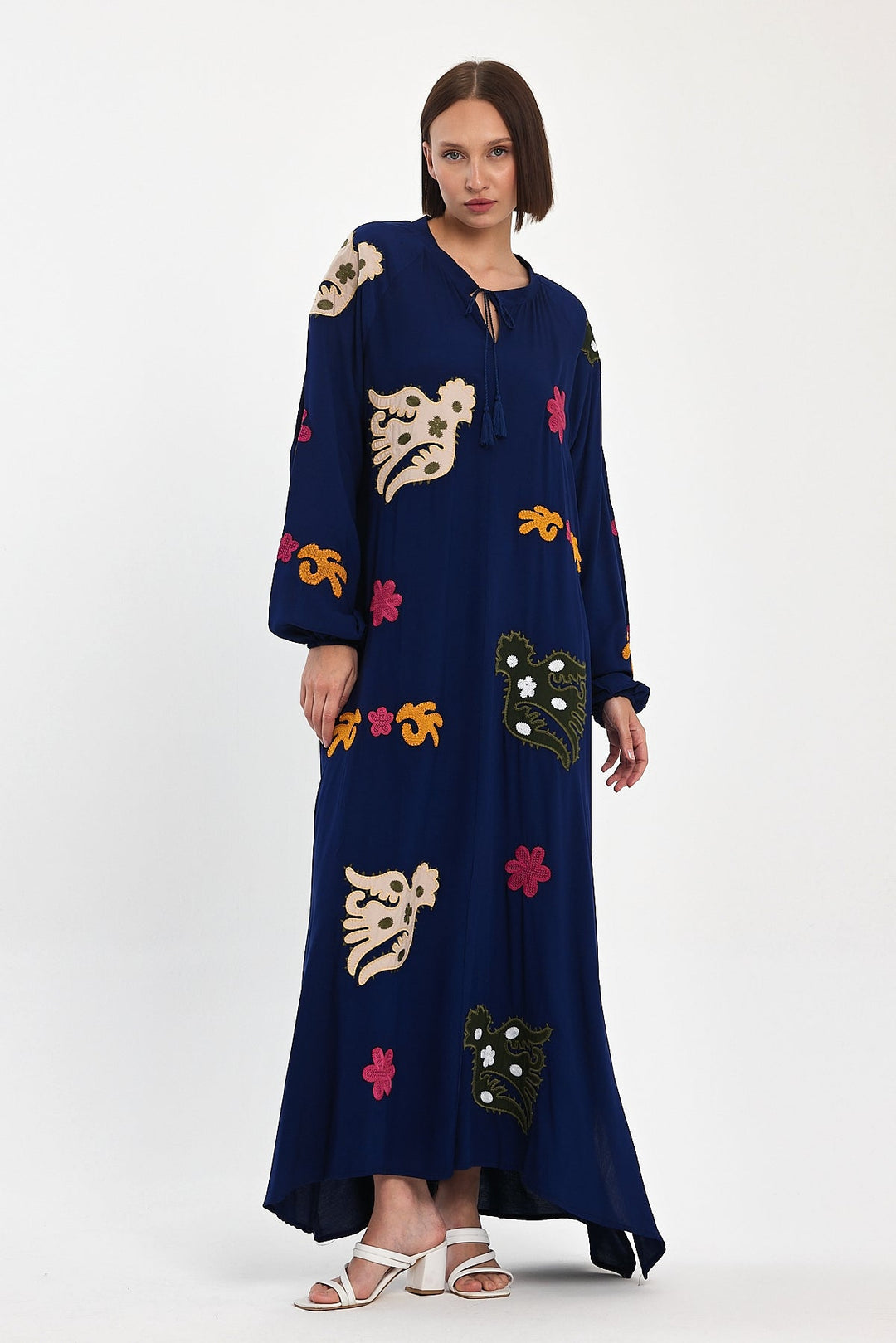 Embroidered Maxi Dress with Statement Motifs in Navy Blue