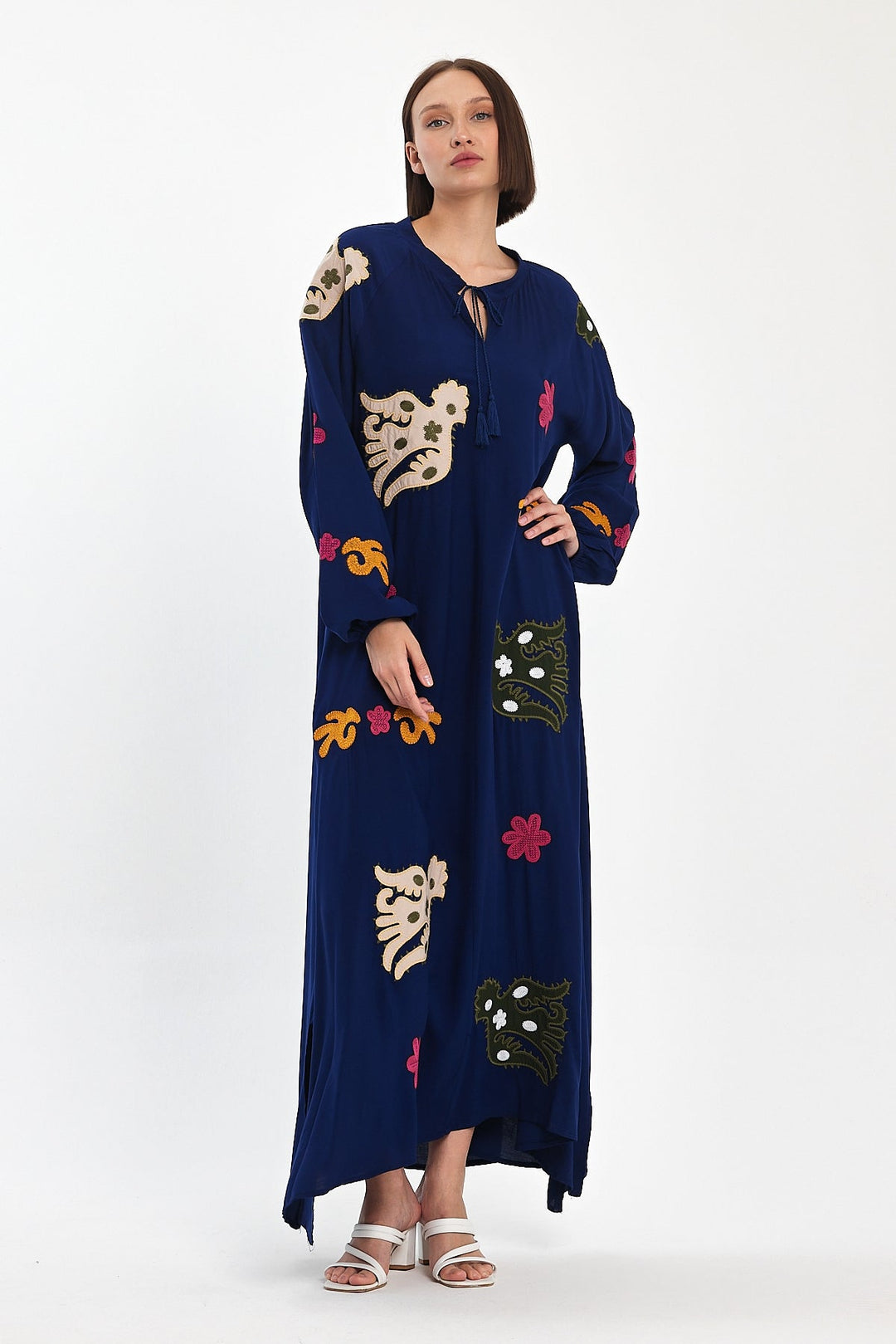 Embroidered Maxi Dress with Statement Motifs in Navy Blue