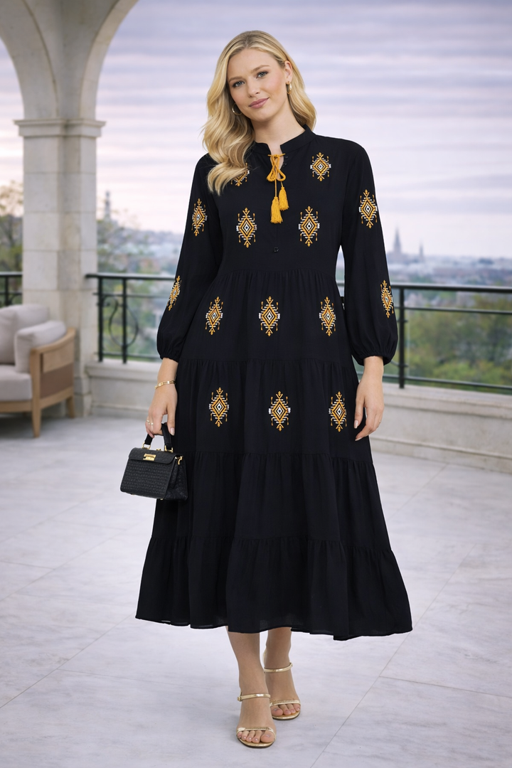Embroidered Tiered Midi Dress with Tassel Tie in Black