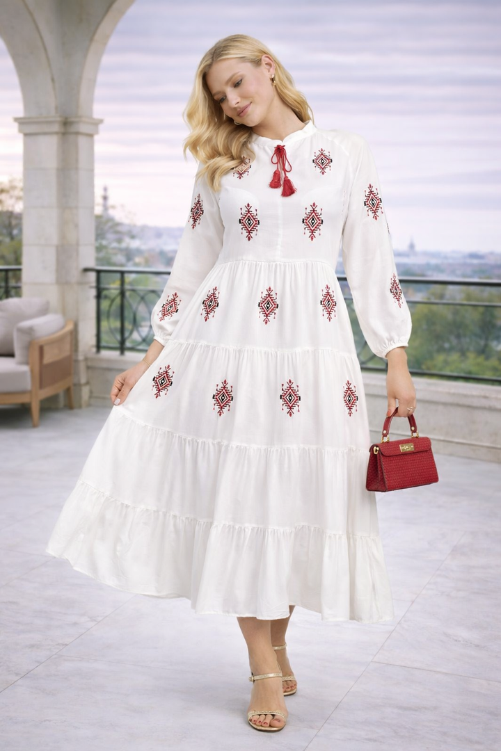 Embroidered Tiered Midi Dress with Tassel Tie in White