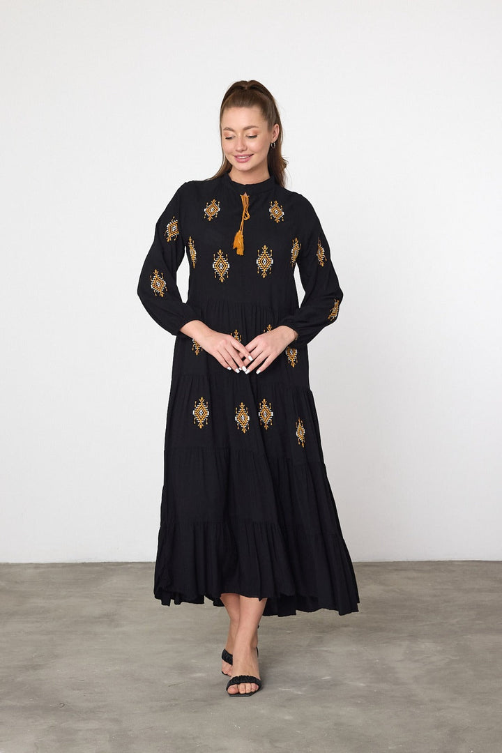 Embroidered Tiered Midi Dress with Tassel Tie in Black
