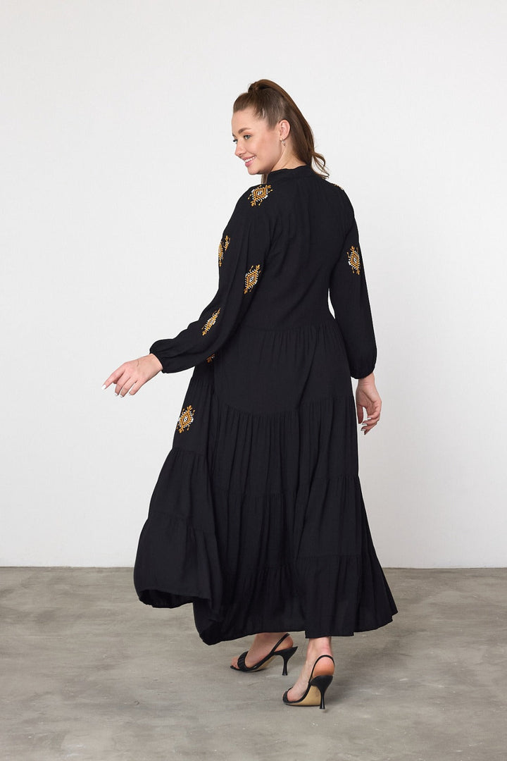 Embroidered Tiered Midi Dress with Tassel Tie in Black