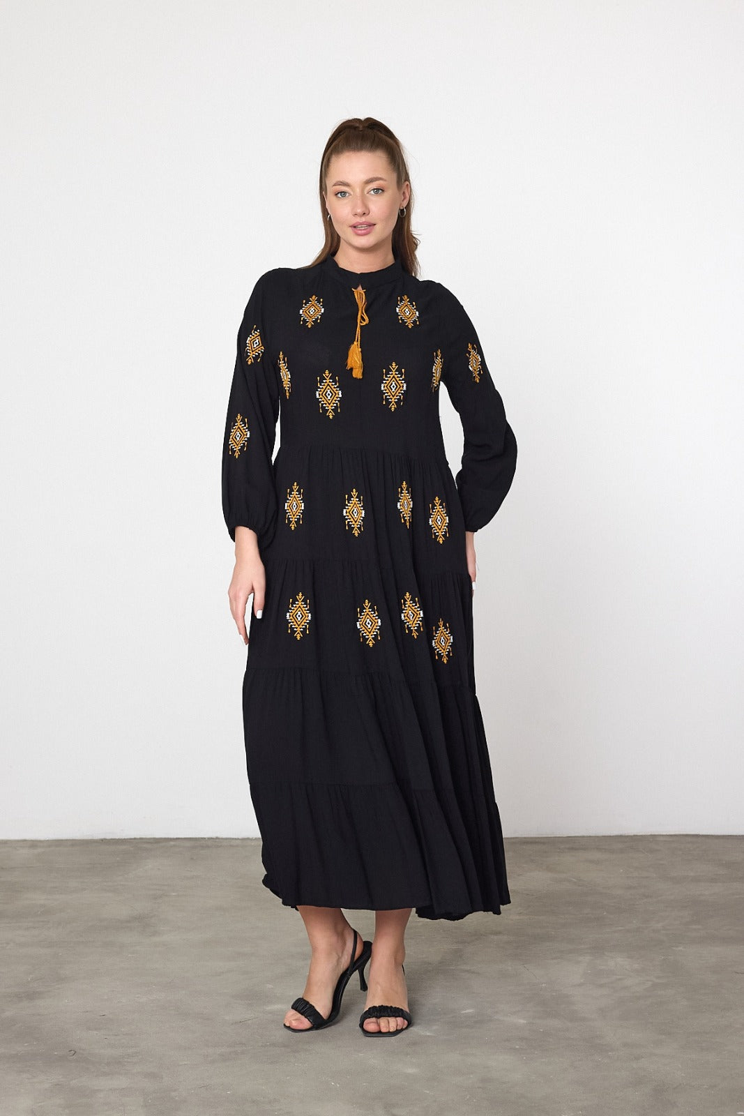 Embroidered Tiered Midi Dress with Tassel Tie in Black