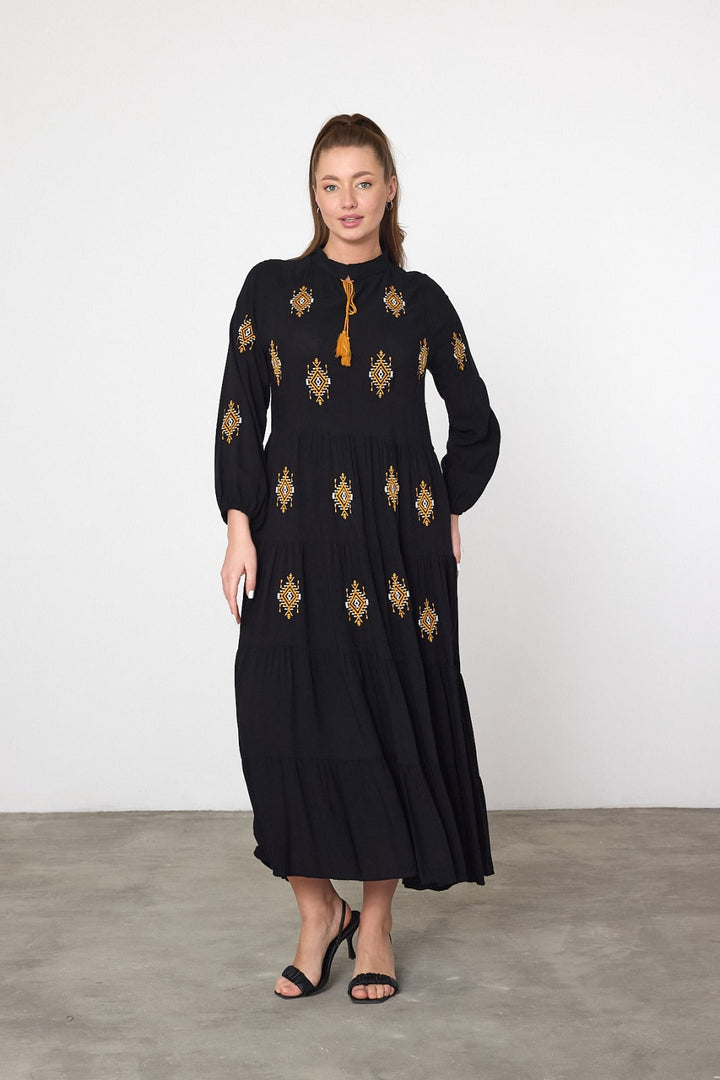 Embroidered Tiered Midi Dress with Tassel Tie in Black