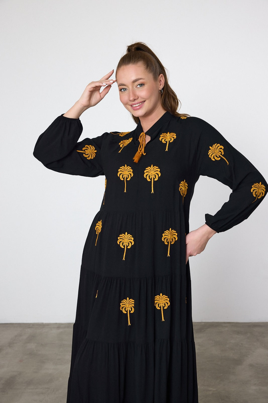 Embroidered Tiered Midi Dress with Tassel Tie in Black