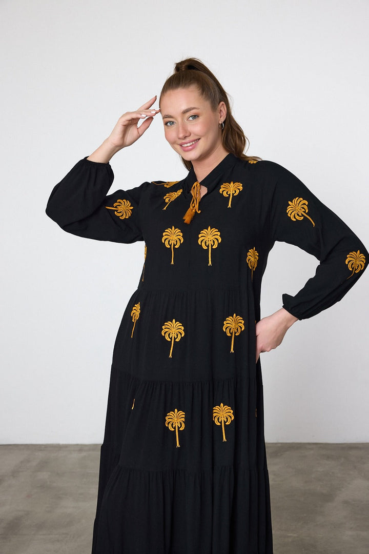 Embroidered Tiered Midi Dress with Tassel Tie in Black