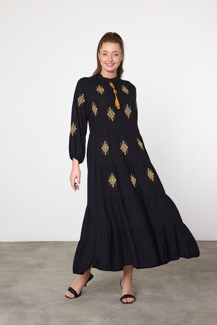 Embroidered Tiered Midi Dress with Tassel Tie in Black
