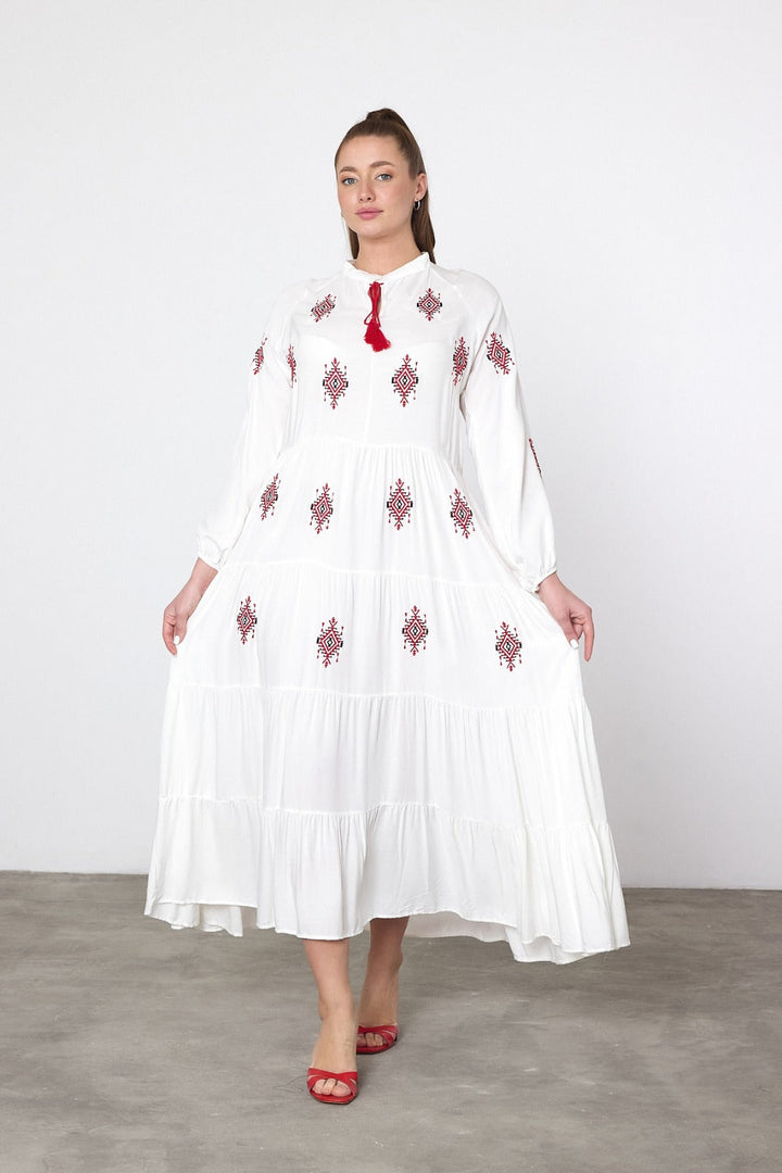 Embroidered Tiered Midi Dress with Tassel Tie in White