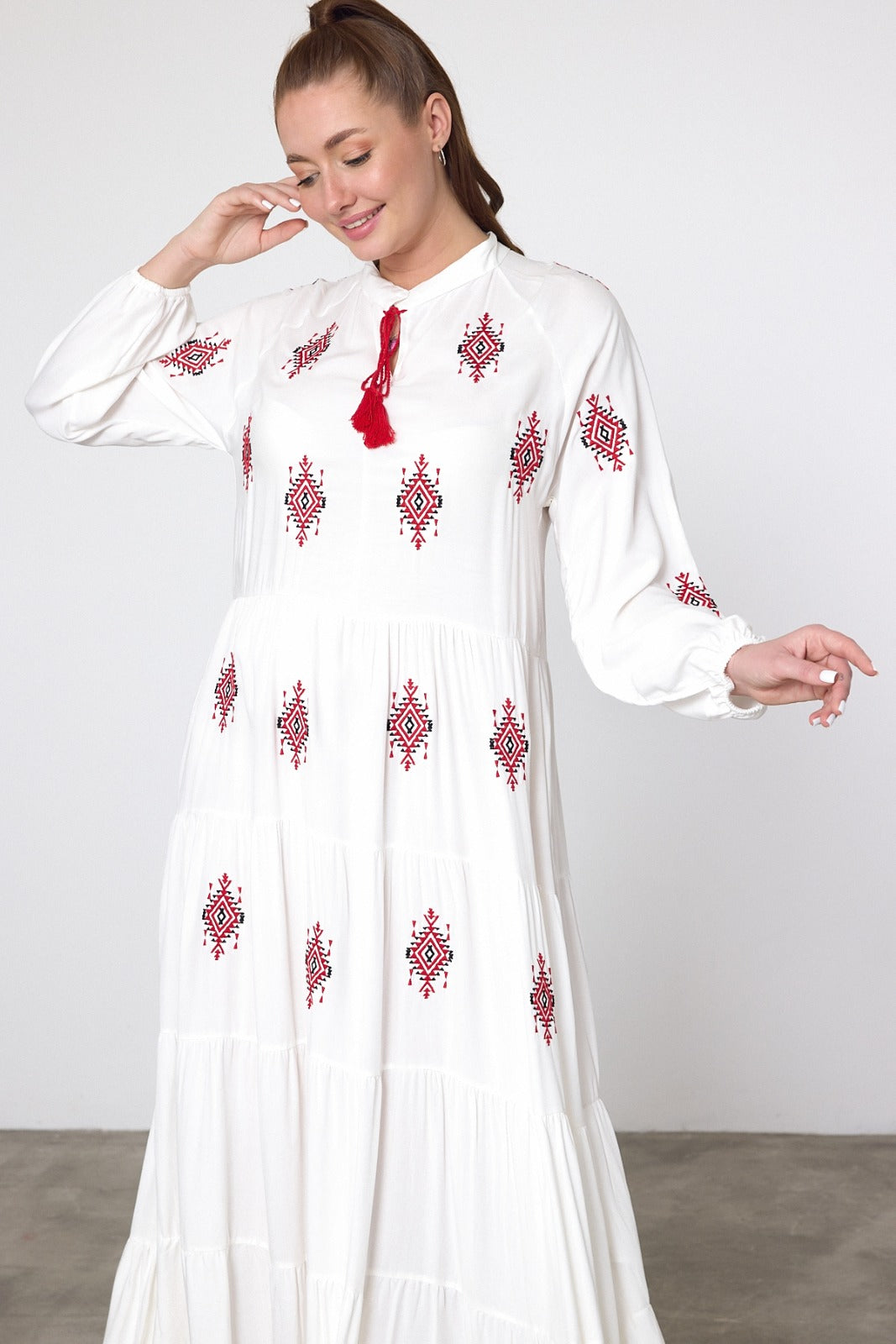 Embroidered Tiered Midi Dress with Tassel Tie in White