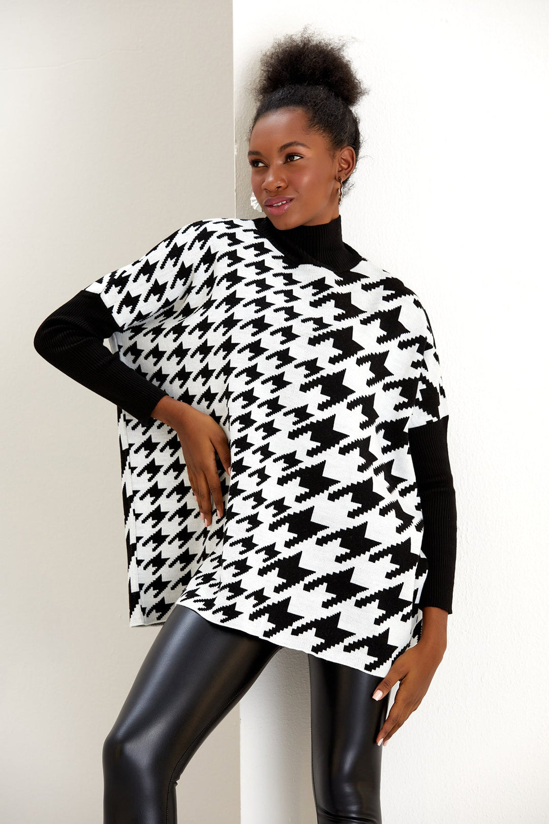 High Neck Oversize Goose Footprint Jumper in Black/White (PRE-ORDER) - jqwholesale.com