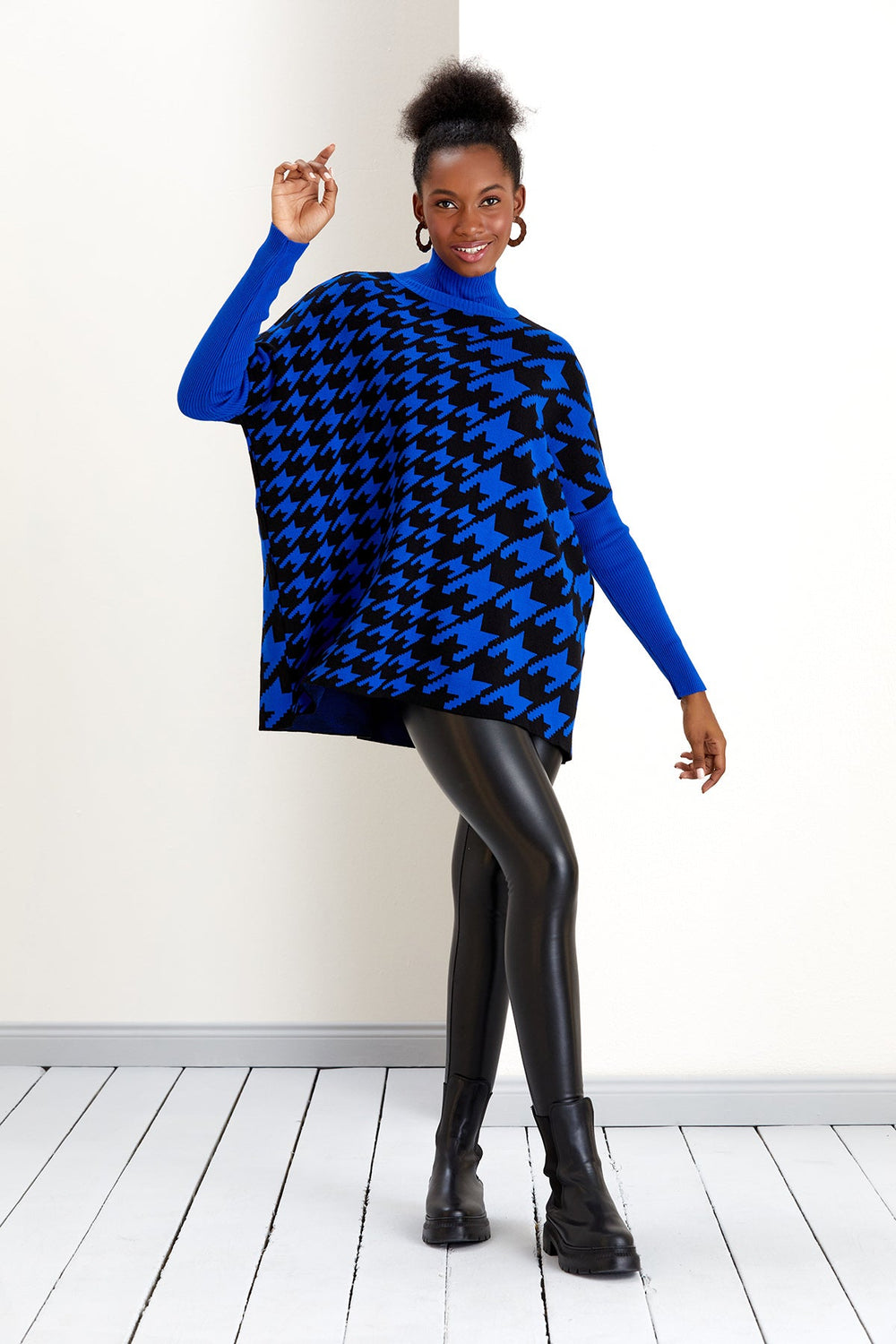 High Neck Oversize Goose Footprint Jumper in Black/Sax (PRE-ORDER) - jqwholesale.com