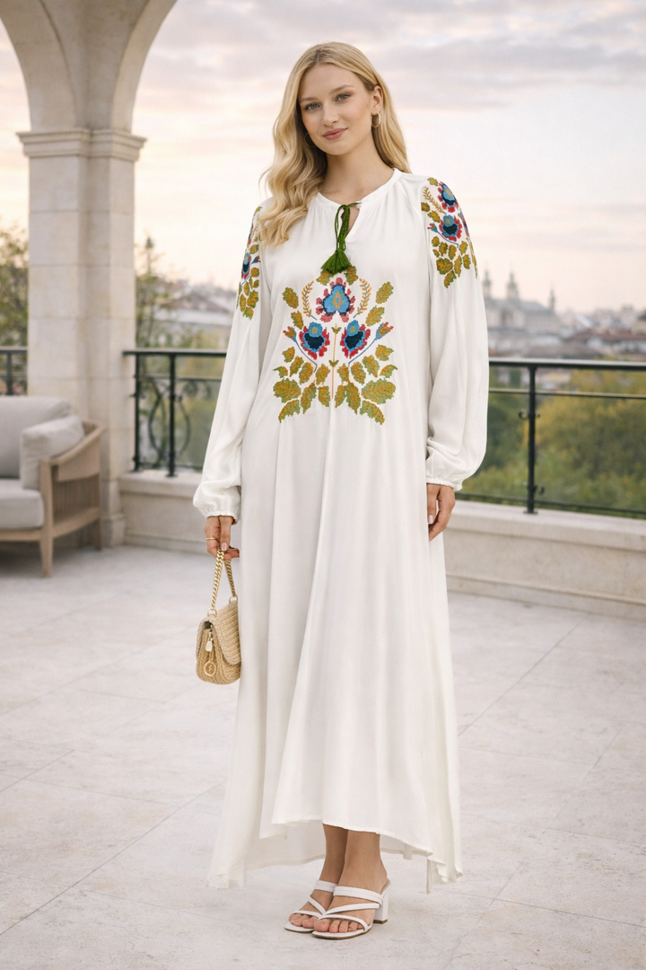 Embroidered Maxi Dress with Tassel Tie Neck in White