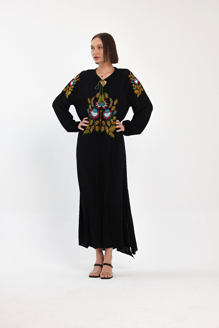 Embroidered Maxi Dress with Tassel Tie Neck in Black
