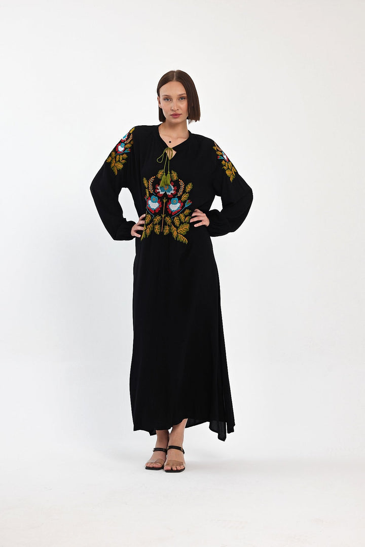 Embroidered Maxi Dress with Tassel Tie Neck in Black
