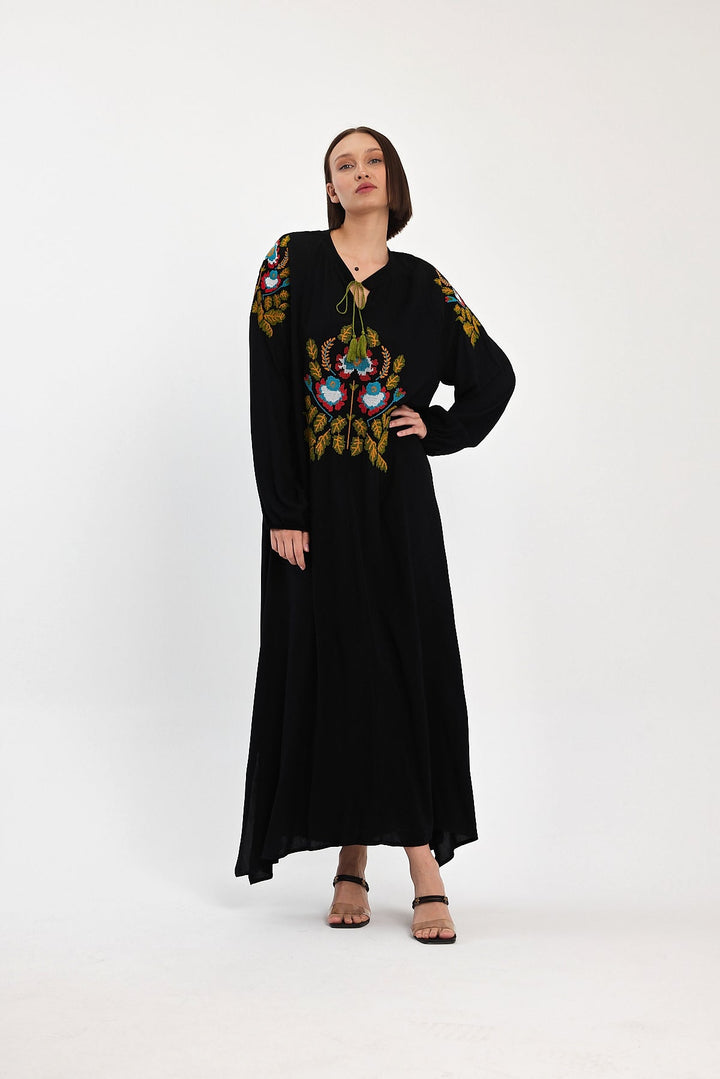 Embroidered Maxi Dress with Tassel Tie Neck in Black