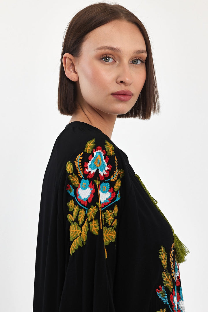 Embroidered Maxi Dress with Tassel Tie Neck in Black