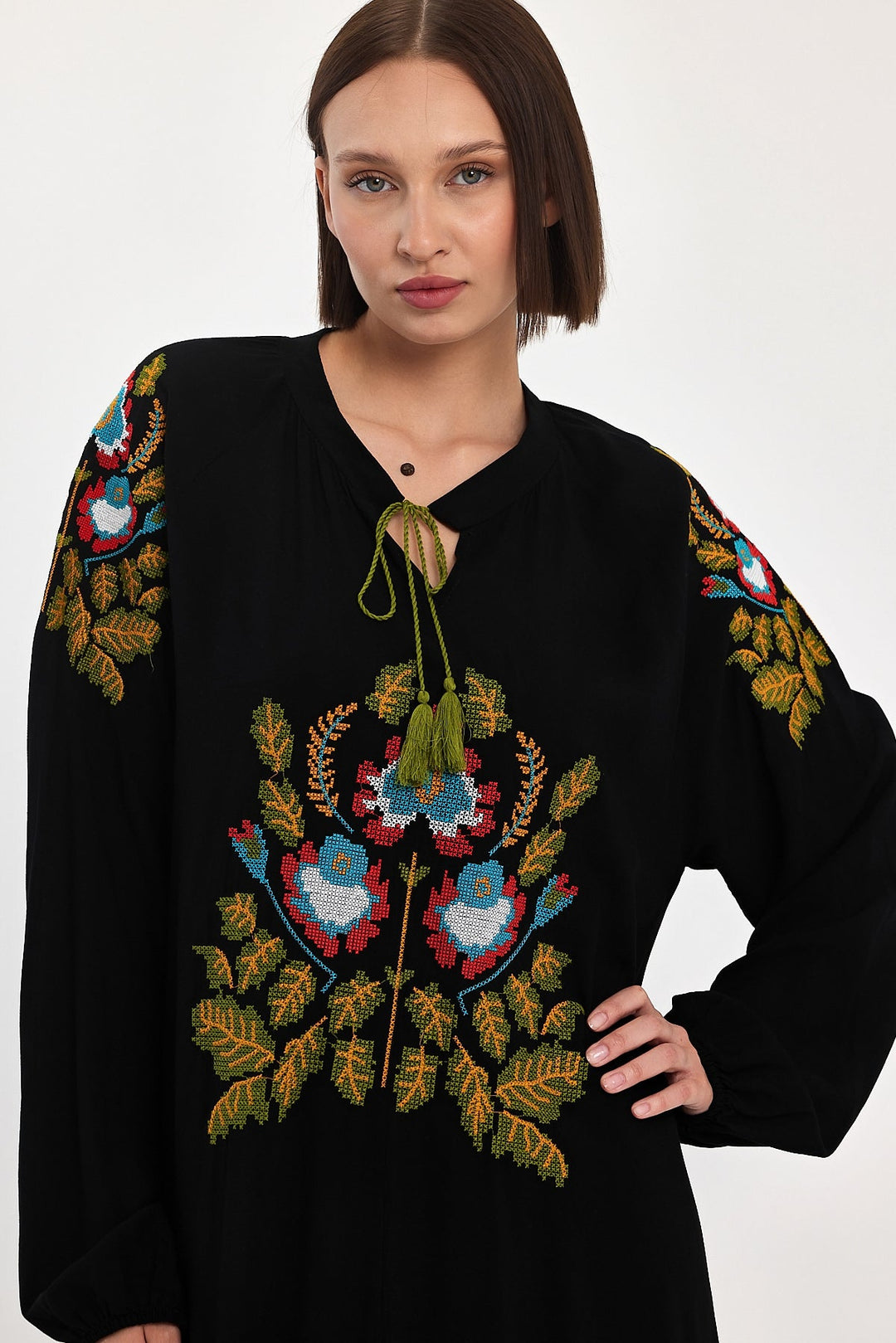 Embroidered Maxi Dress with Tassel Tie Neck in Black