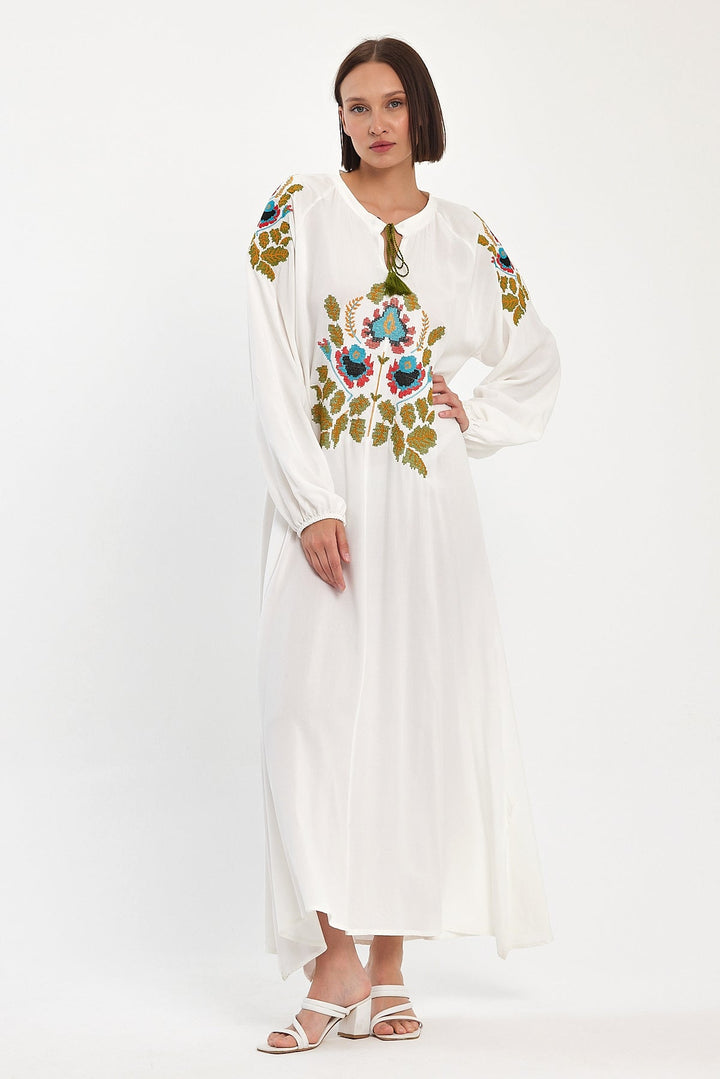 Embroidered Maxi Dress with Tassel Tie Neck in White