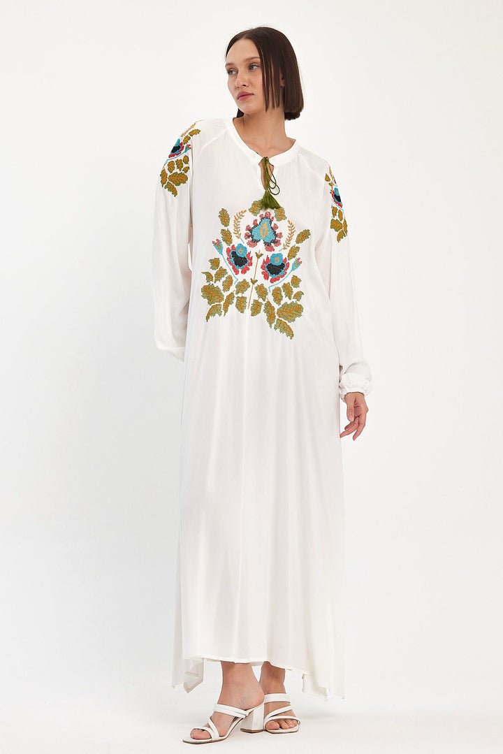 Embroidered Maxi Dress with Tassel Tie Neck in White