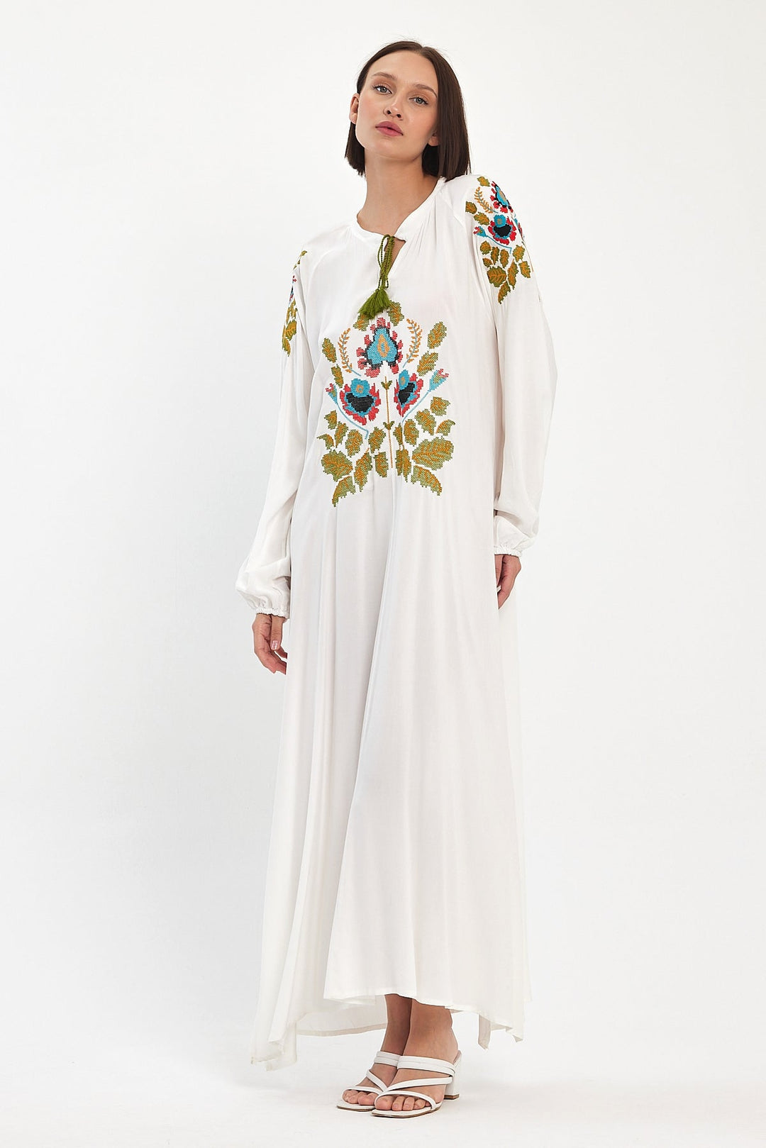 Embroidered Maxi Dress with Tassel Tie Neck in White