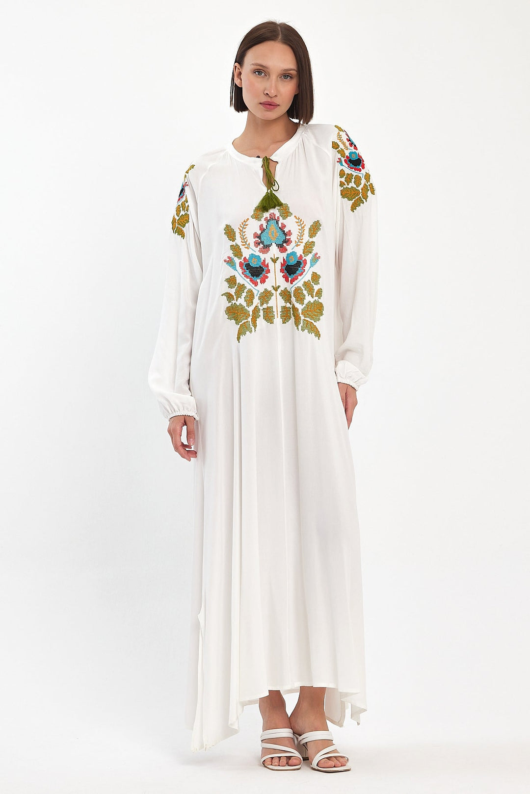 Embroidered Maxi Dress with Tassel Tie Neck in White