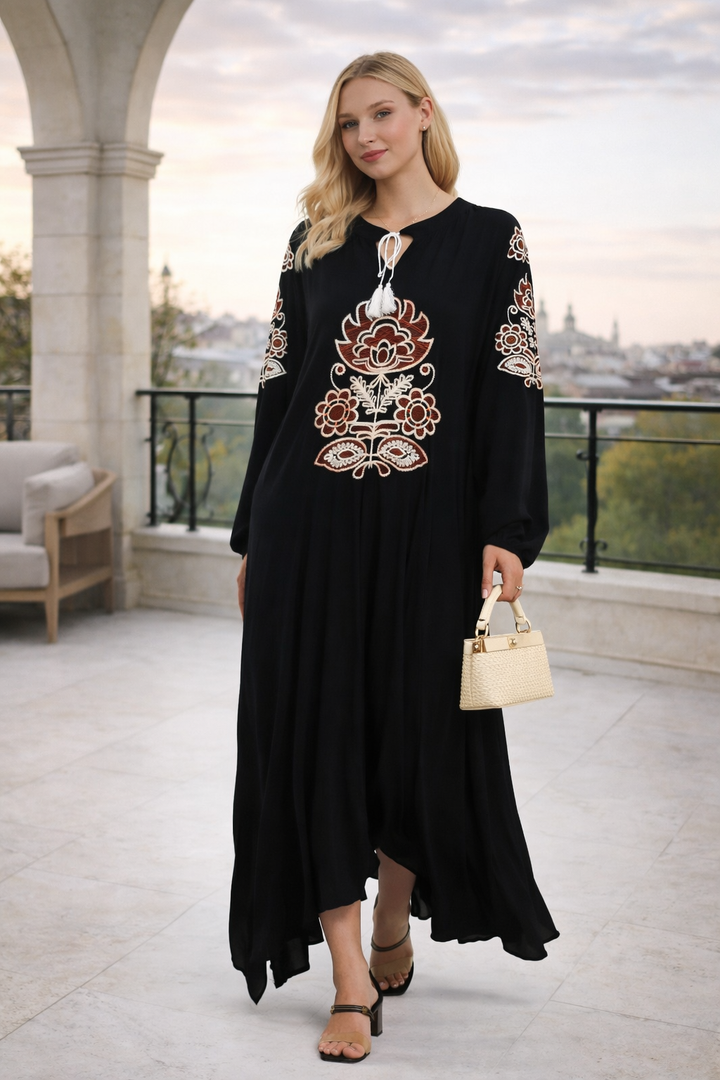 Embroidered Maxi Dress with Tie Neck Detail in Black
